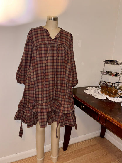 Brown Plaid Babydoll Dress Large