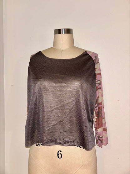 Mesh/Camo Raw Hem Raglan Top L