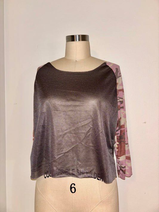 Mesh/Camo Raw Hem Raglan Top L