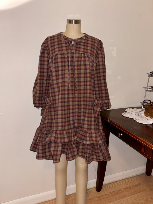 Brown Plaid Babydoll Dress Large